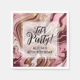 Modern Gold Burgundy Pink Marble Fluid Birthday Napkin
