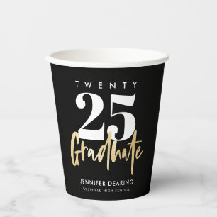 Modern Gold Calligraphy Black Graduation Paper Cups