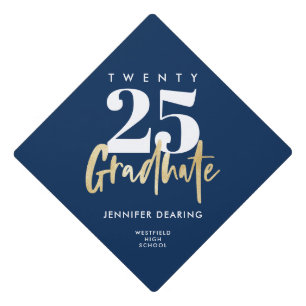 Modern Gold Calligraphy Blue Graduation Cap Topper