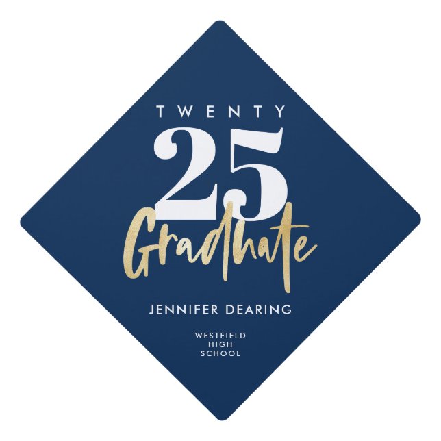 Modern Gold Calligraphy Blue Graduation Cap Topper (Front)