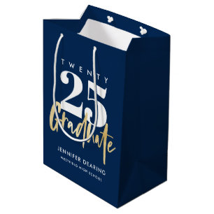 Modern Gold Calligraphy Blue Graduation Medium Gift Bag
