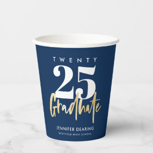 Modern Gold Calligraphy Blue Graduation Paper Cups