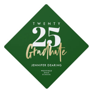 Modern Gold Calligraphy Green Graduation Cap Topper