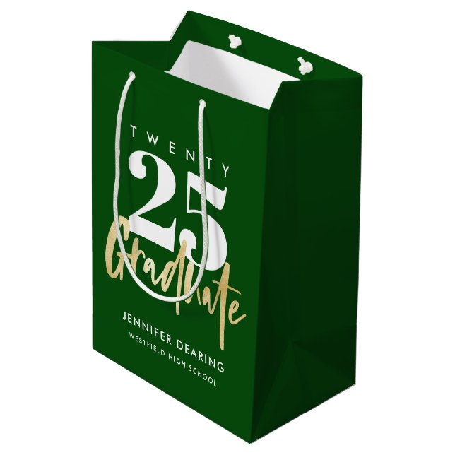 Modern Gold Calligraphy Green Graduation Medium Gift Bag (Back Angled)