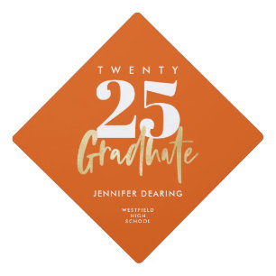 Modern Gold Calligraphy Orange Graduation Cap Topper