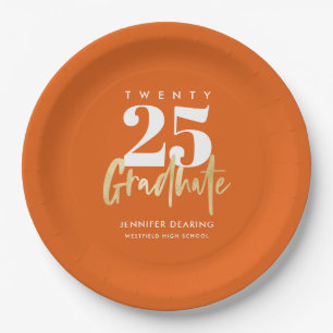Modern Gold Calligraphy Orange Graduation Paper Plate