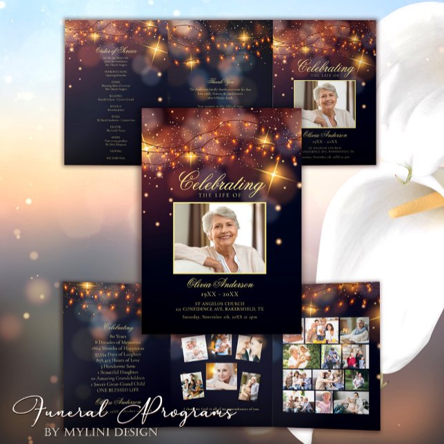 Modern Gold Calligraphy Photo Funeral Program Tri-Fold Invitation (Creator Uploaded)