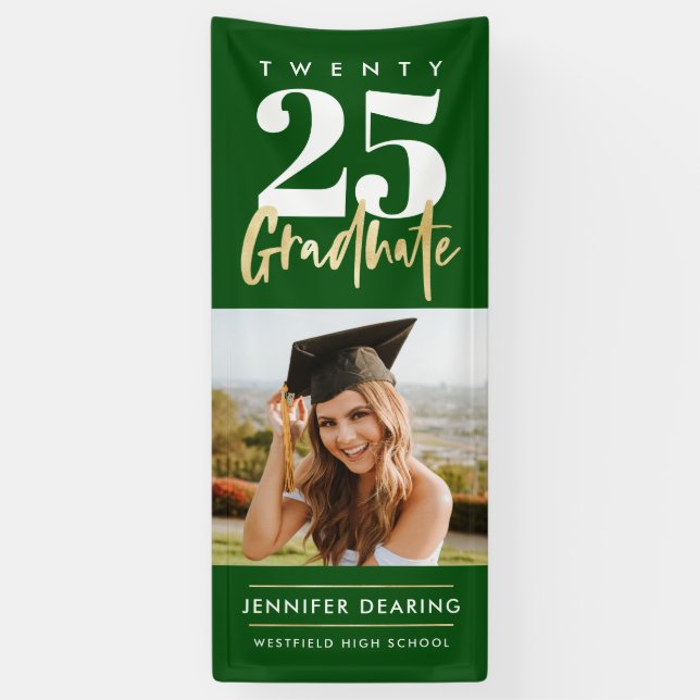 Modern Gold Calligraphy Photo Green Graduation Banner (Vertical)