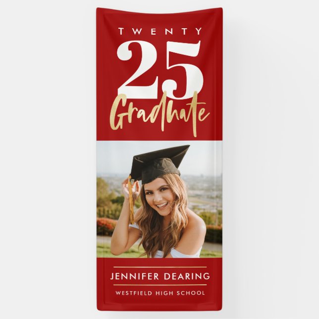 Modern Gold Calligraphy Photo Red Graduation Banner (Vertical)