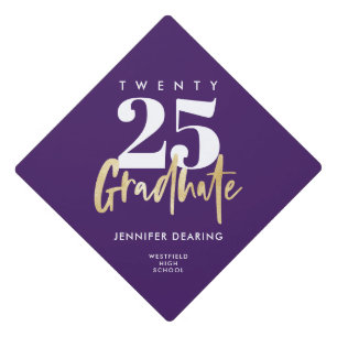 Modern Gold Calligraphy Purple Graduation Cap Topper