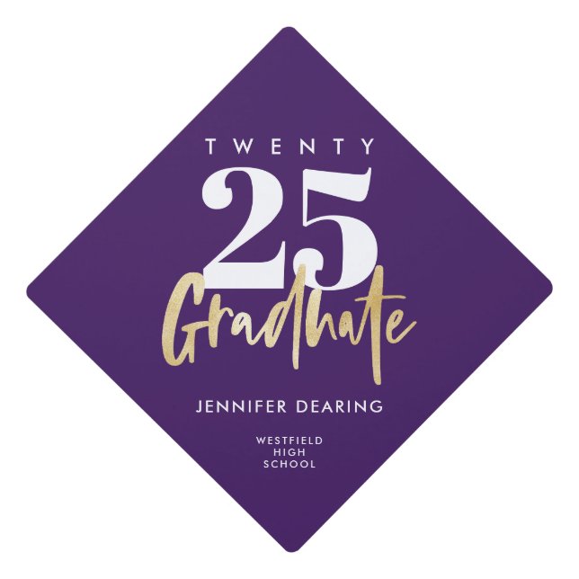 Modern Gold Calligraphy Purple Graduation Cap Topper (Front)