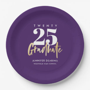 Modern Gold Calligraphy Purple Graduation Paper Plate