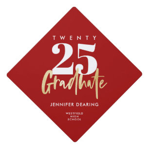 Modern Gold Calligraphy Red Graduation Cap Topper