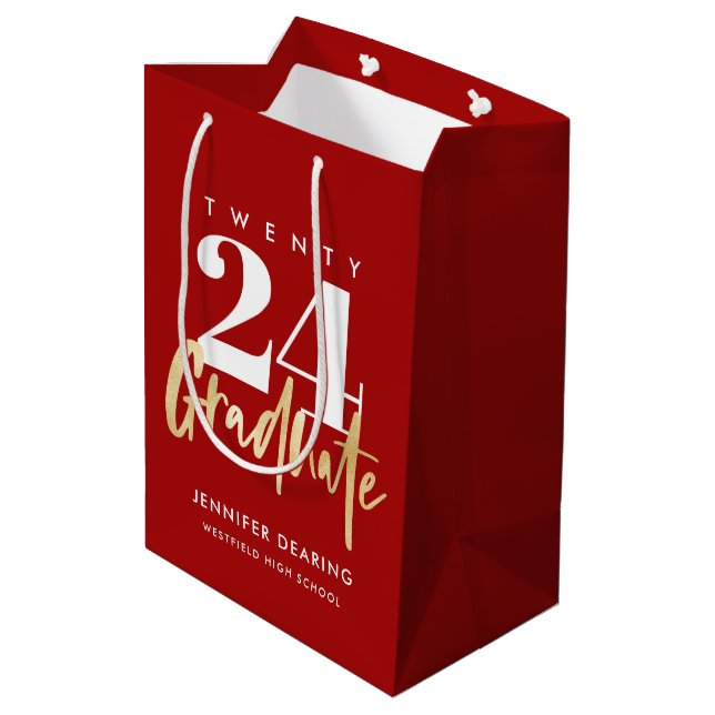 Modern Gold Calligraphy Red Graduation Medium Gift Bag (Back Angled)