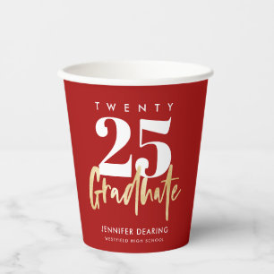 Modern Gold Calligraphy Red Graduation Paper Cups