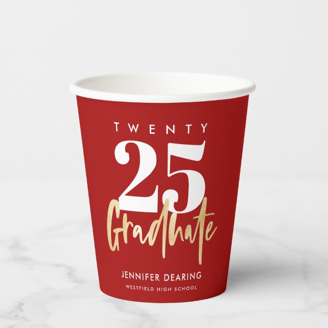 Modern Gold Calligraphy Red Graduation Paper Cups (Front)