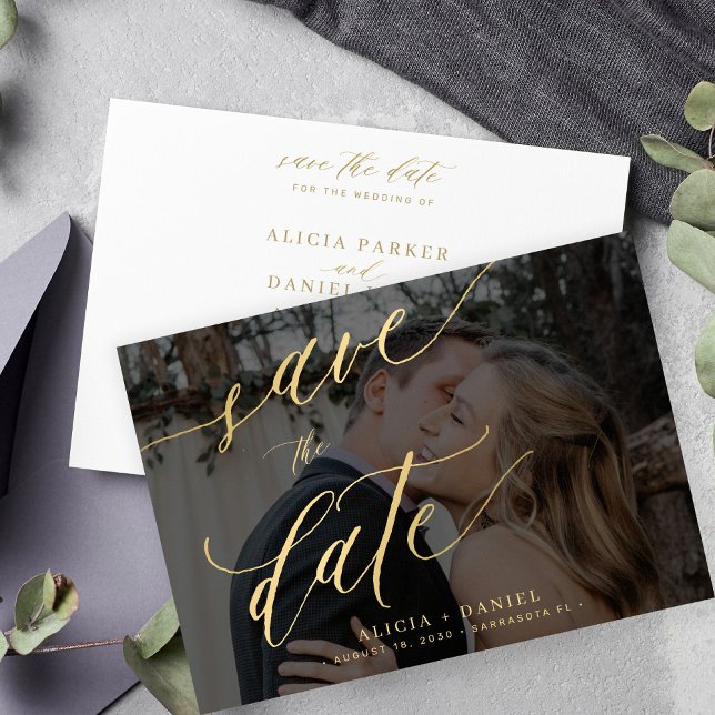 Modern gold calligraphy script photo wedding  save the date (Creator Uploaded)