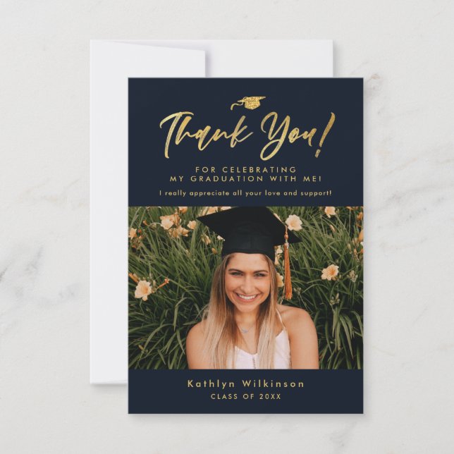 Modern Gold Calligraphy Simple GRAD Thank You Card (Front)