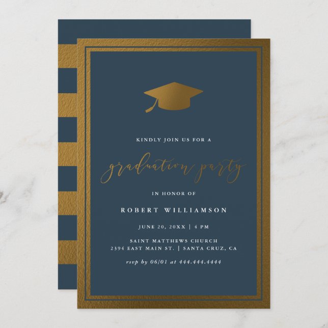 Modern Gold Cap & Navy Graduation Party Invitation (Front/Back)