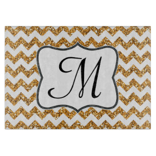 Modern Gold Chevron Monogram Glass Cutting Board
