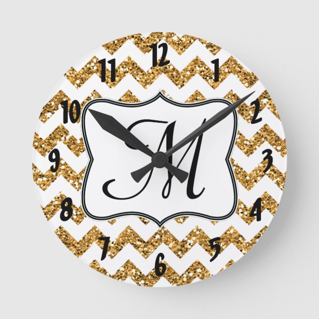 Modern Gold Chevron Monogram Initial Wall Clock (Front)