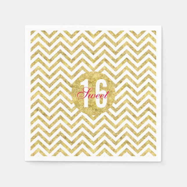 Modern Gold Chevron Stripes Sweet 16 Birthday Napkin (Front)