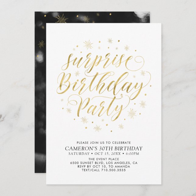 Modern Gold Chic Surprise Photo Birthday Party Invitation (Front/Back)