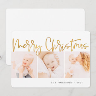 Modern Gold Christmas Greeting Three Photo Holiday Card