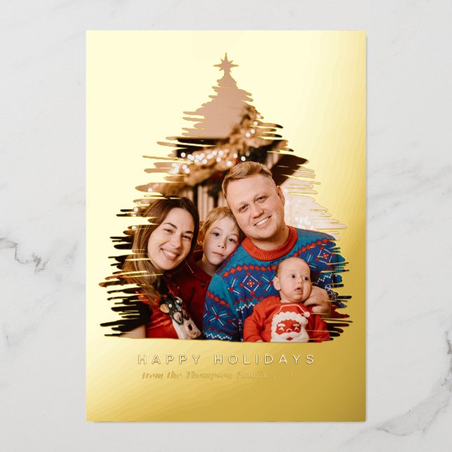 Modern Gold Christmas Tree Frame Photo Foil Holiday Card (Front)