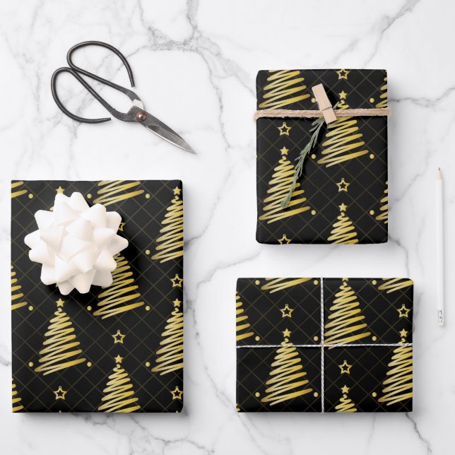 Modern Gold Christmas Trees on Black Wrapping Paper Sheet (Front)