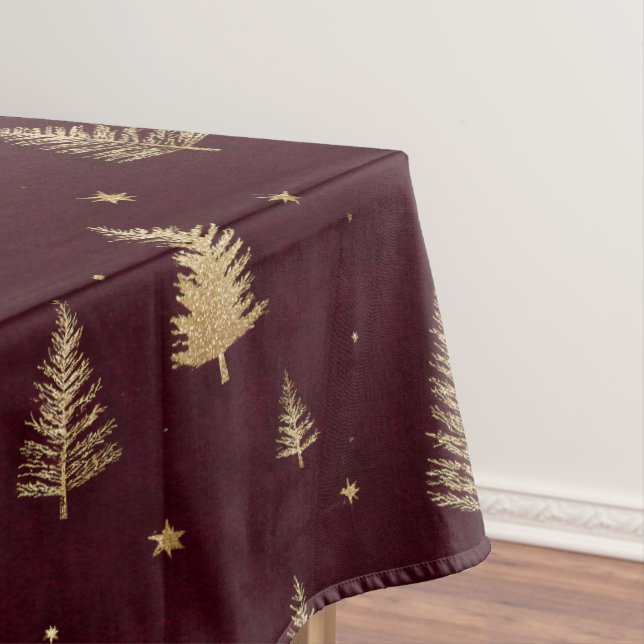 Modern Gold Christmas trees pattern on burgundy Tablecloth (In Situ)