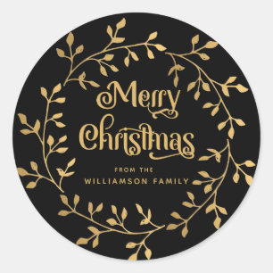 Modern Gold Christmas Wreath Black Envelope Seal