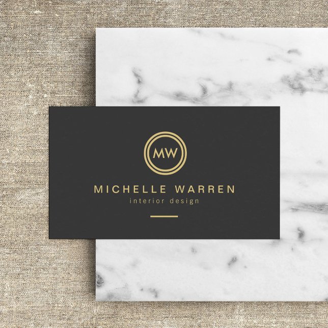 Modern Gold Circle Monogram Initials on Dark Grey Business Card (Creator Uploaded)