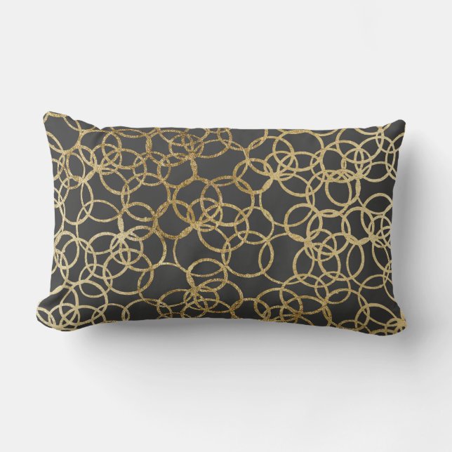 Modern Gold Circles on Charcoal Black Lumbar Pillow (Front)