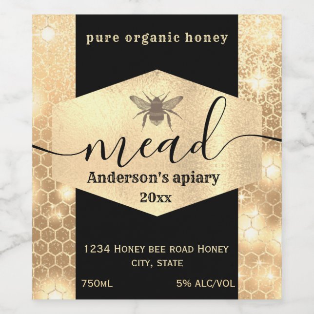 Modern gold comb mead honey bee wine label (Single Label)