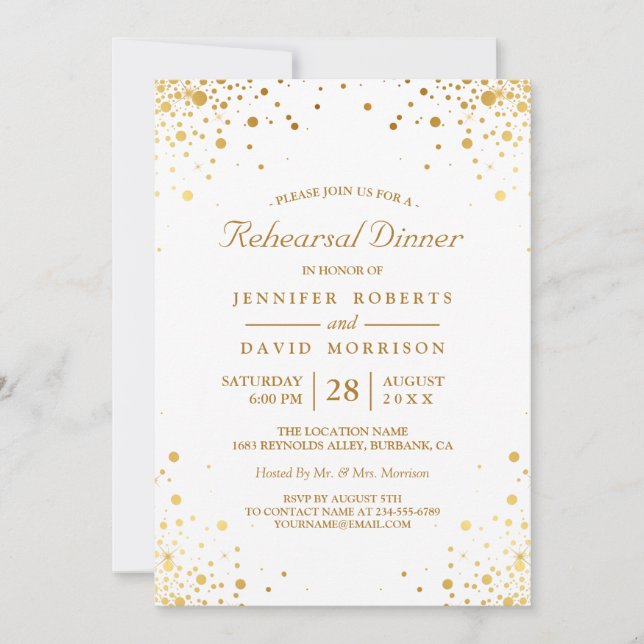 Modern Gold Confetti Dots Wedding Rehearsal Dinner Invitation (Front)