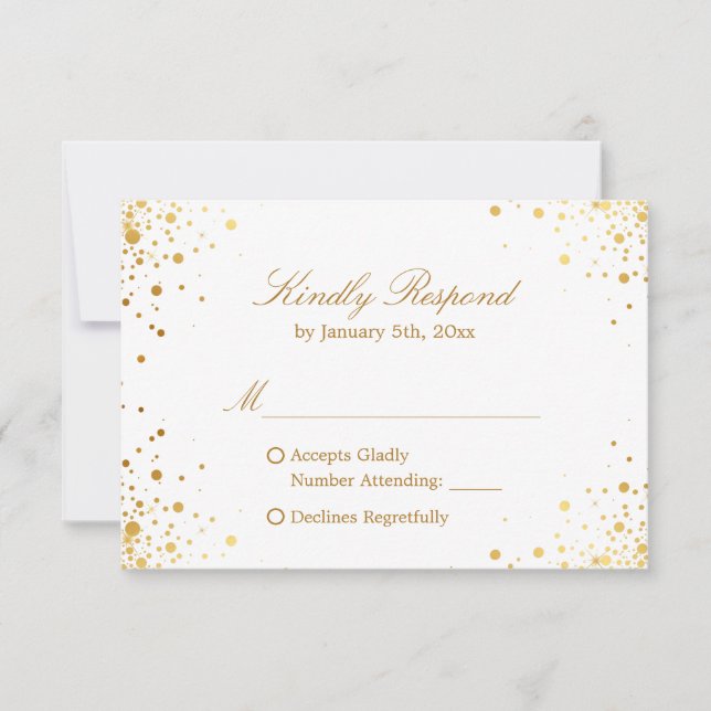 Modern Gold Confetti Dots Wedding RSVP Reply Card (Front)