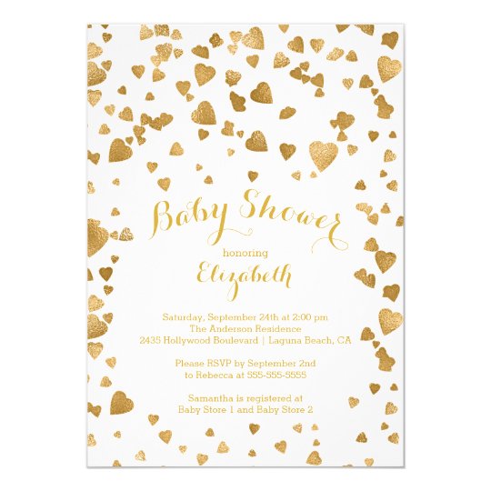 Modern Gold Confetti Hearts Baby Shower Invitation