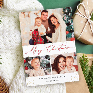 Modern Gold Confetti Merry Christmas 3 Photo Holiday Card