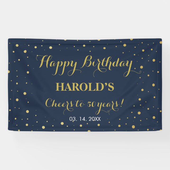 Modern Gold Confetti Navy 50th Birthday Backdrop Banner (Horizontal)