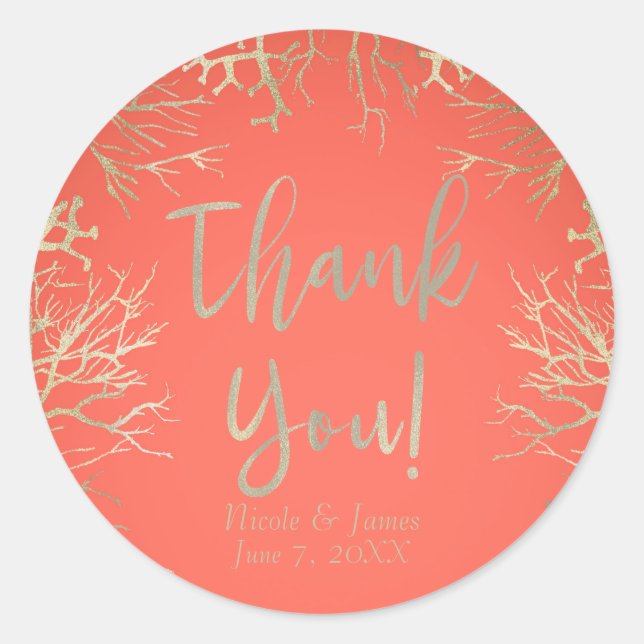 Modern Gold Coral Orange Elegant Beach Wedding Classic Round Sticker (Front)
