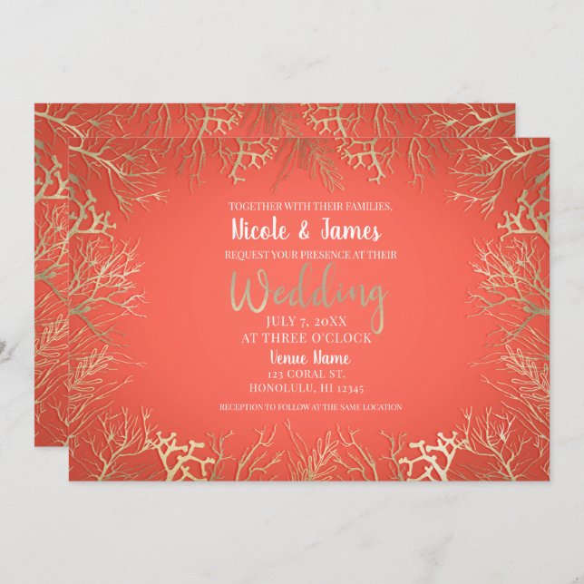 Modern Gold Coral Orange Elegant Beach Wedding  Invitation (Front/Back)