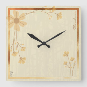 Modern Gold Cream Abstract Floral Pattern Square Wall Clock
