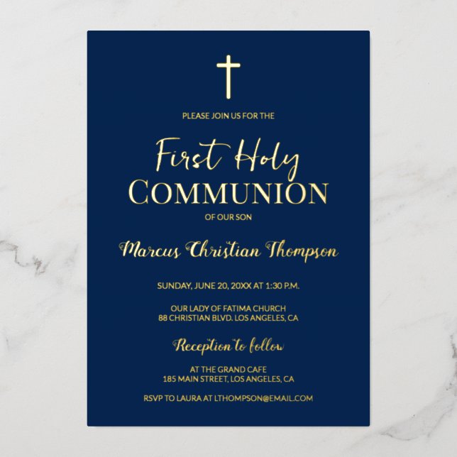Modern Gold Cross Blue first holy communion (Front)