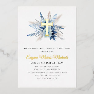 modern gold cross blue floral christening