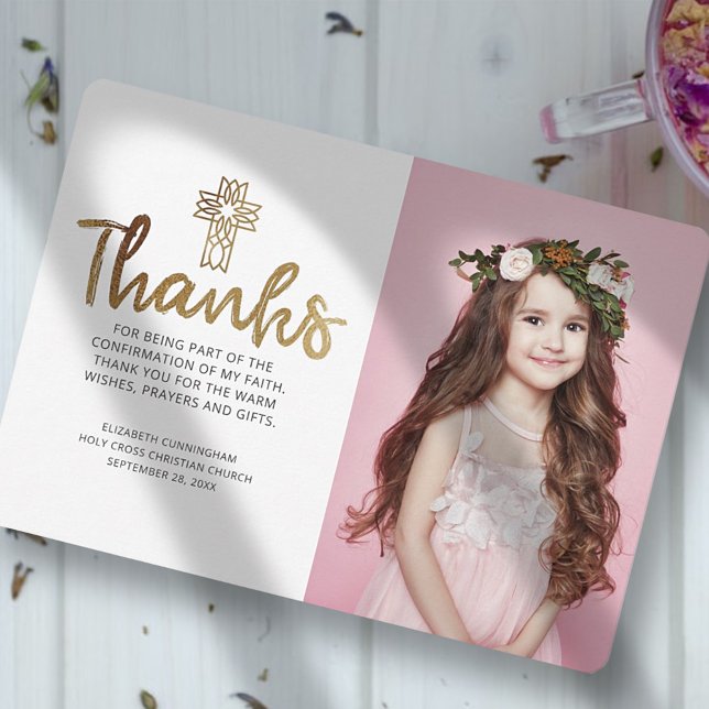 Modern Gold Cross Photo Confirmation Thank You Card (Creator Uploaded)