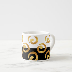 Modern Gold Curls Pattern on Black and White Espresso Cup