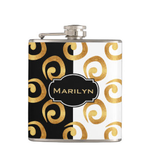 Modern Gold Curls Pattern on Black and White Hip Flask