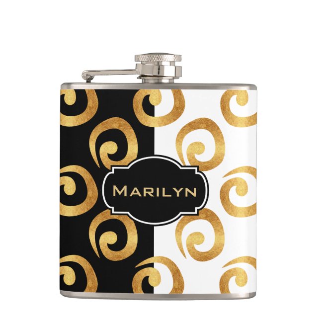 Modern Gold Curls Pattern on Black and White Hip Flask (Front)