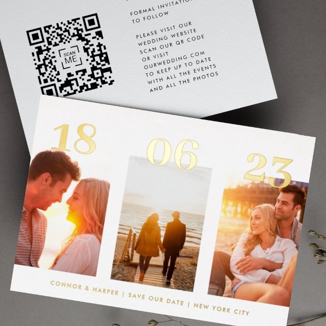 Modern GOLD DATE Three Photo QR CODE Save The Date (Creator Uploaded)